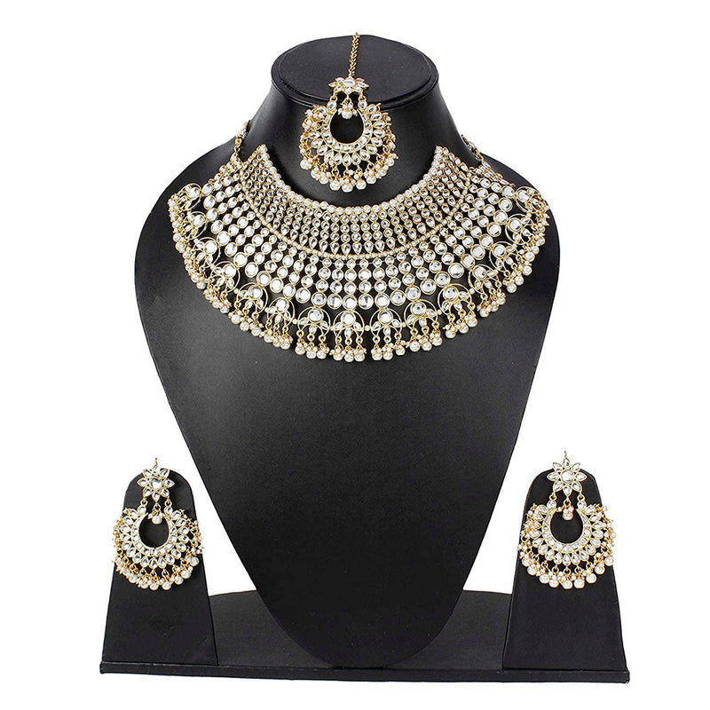 Etnico 18K Gold Plated Traditional Kundan & Pearl Studded Bridal Choker Necklace Jewellery Set for Women (K7085W)