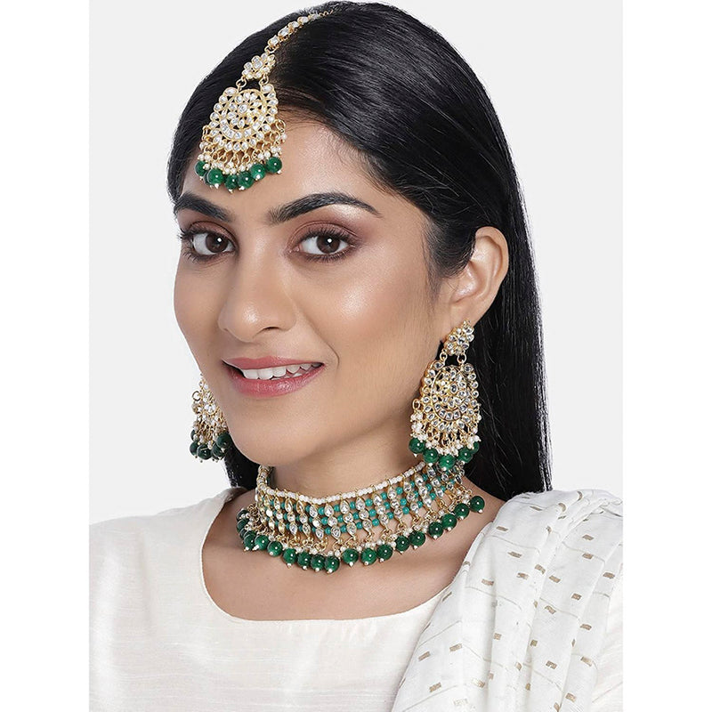 Etnico18K Gold Plated Traditional Kundan & Pearl Studded Choker Necklace Jewellery Set For Women (K7201G)