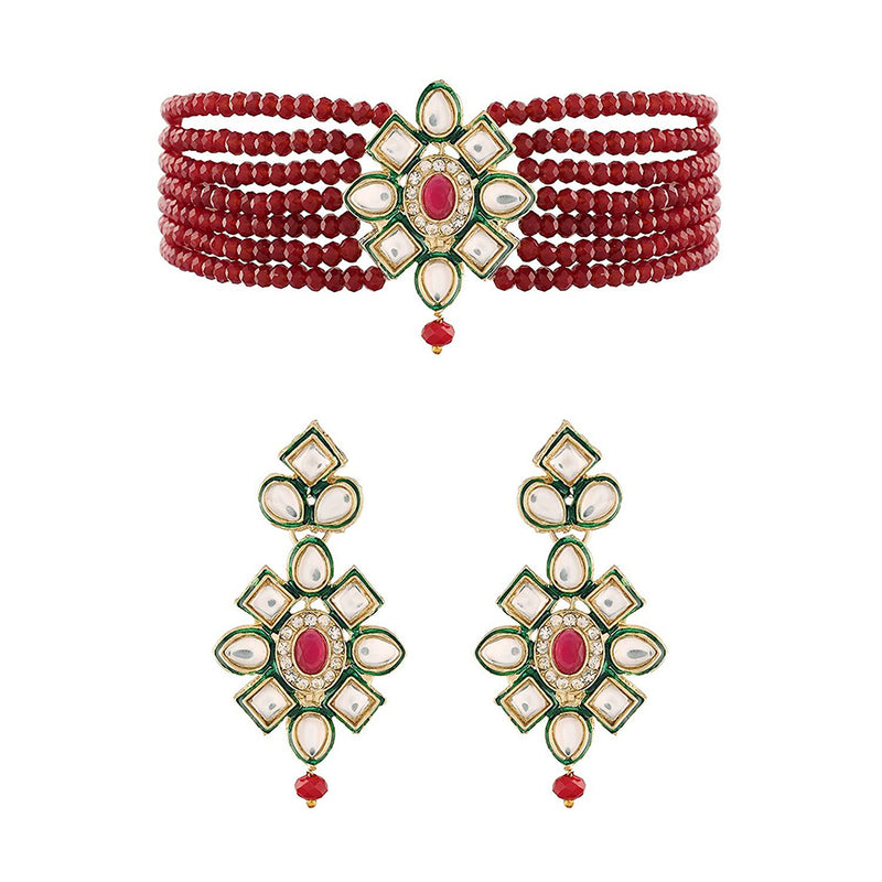 Etnico 18k Gold Plated Traditional Choker Set Glided With Kundan & Beads For Women/Girls (K7207M)