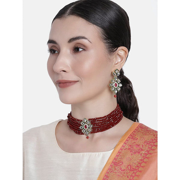 Etnico 18k Gold Plated Traditional Choker Set Glided With Kundan & Beads For Women/Girls (K7207M)