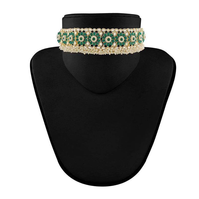 Etnico 18k Gold Plated Traditional Green Kundan & Pearl Studded Choker Necklace Jewellery Set For Women/Girls (K7208G)