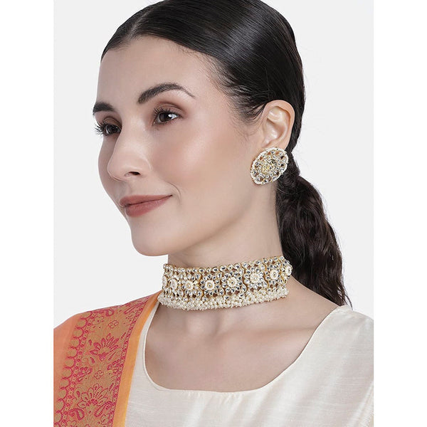 Etnico 18k Gold Plated Traditional White Kundan & Pearl Studded Choker Necklace Jewellery Set For Women/Girls (K7208W)