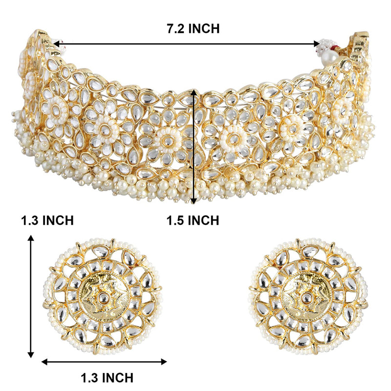 Etnico 18k Gold Plated Traditional White Kundan & Pearl Studded Choker Necklace Jewellery Set For Women/Girls (K7208W)