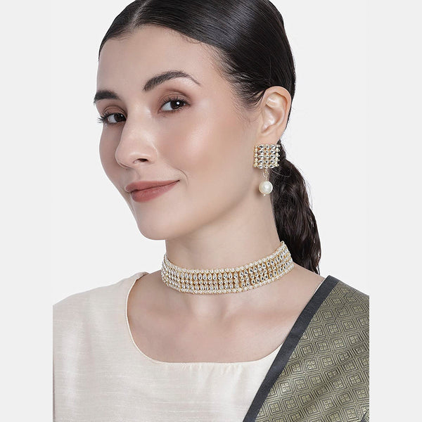 Etnico 18k Gold Plated Traditional White Pearl & Kundan Studded Choker Necklace Jewellery Set For Women/Girls (K7209W)