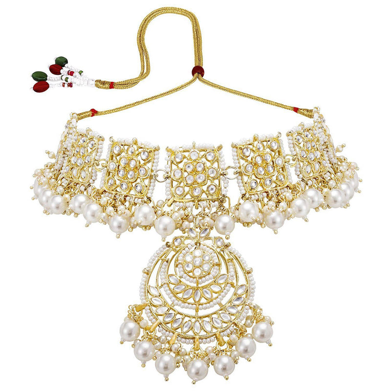 Etnico 18k Gold Plated Traditional Kundan & Pearl Studded Choker Necklace Jewellery Set for Women (K7214W)