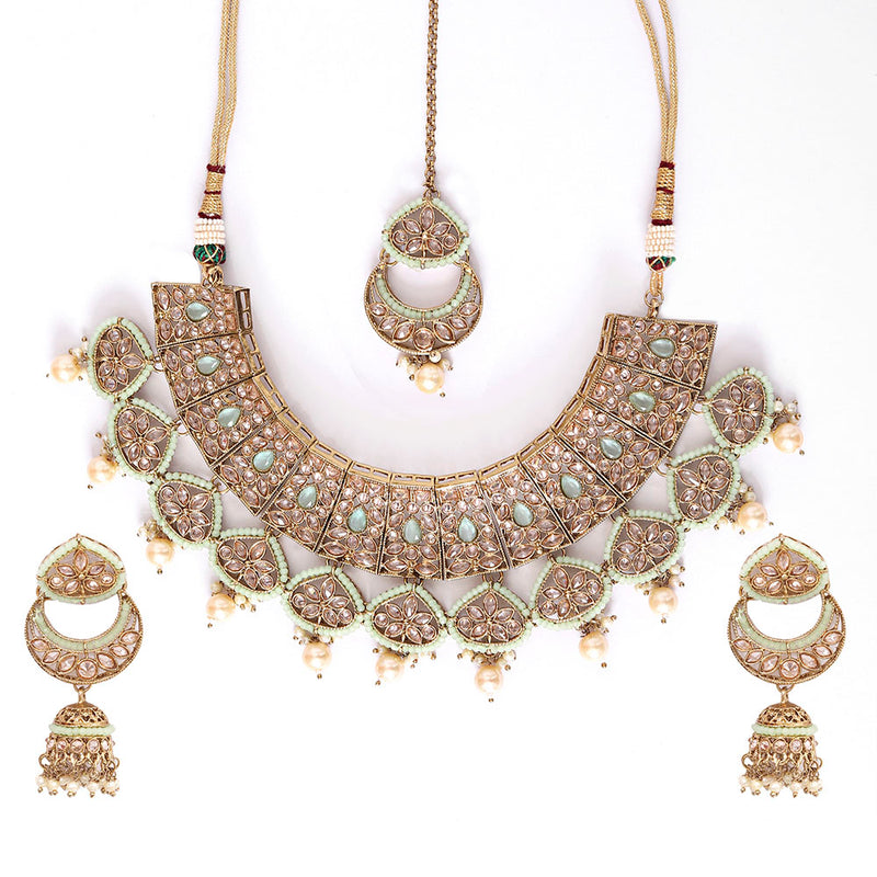 Kayaa Kayaa Brass Kundan Mint Green Necklace Set with Earrings and Maangtikka