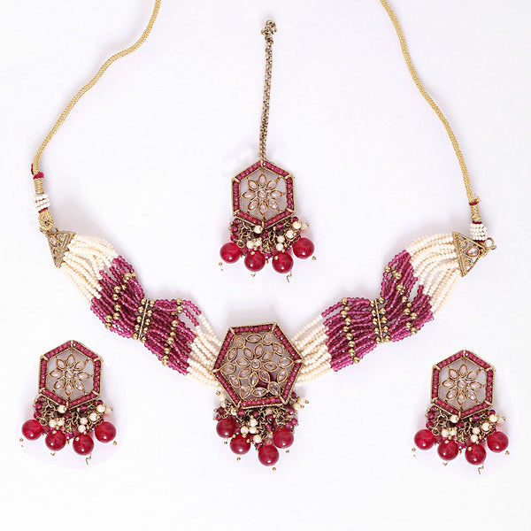 Kayaa Traditional Onyx Crystal Beads with Kundan Pearl Choker Necklace Jewellery Set for Women