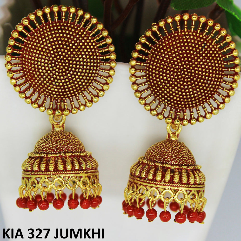 Mahavir Gold Plated Beads And Meenakari Jhumki Earrings