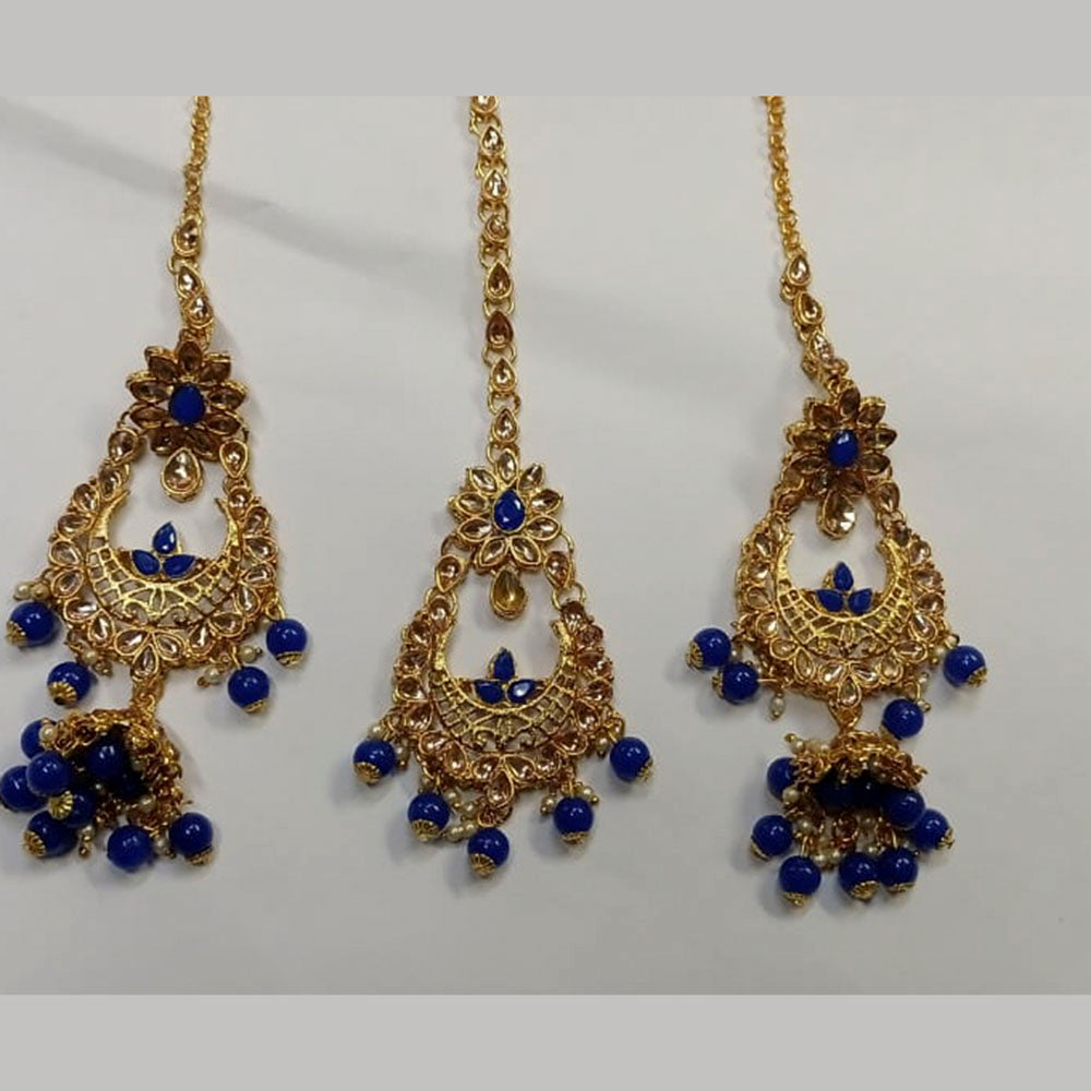 Kumavat Jewels Kundan Stone & Beads Dangler Earrings With Maang Tikka