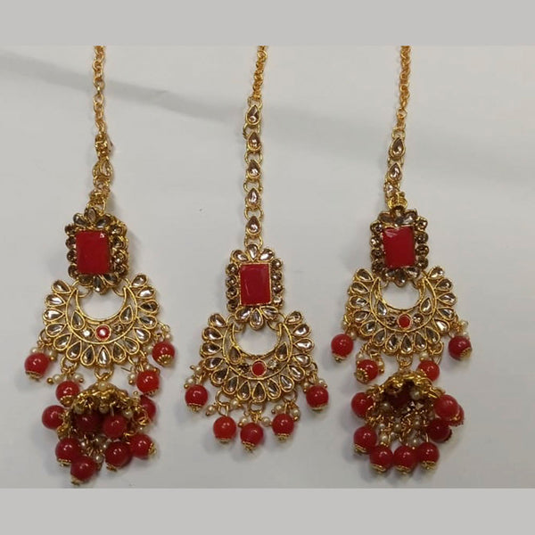 Pooja Bangles Kundan Stone & Beads Dangler Earrings With Maang Tikka