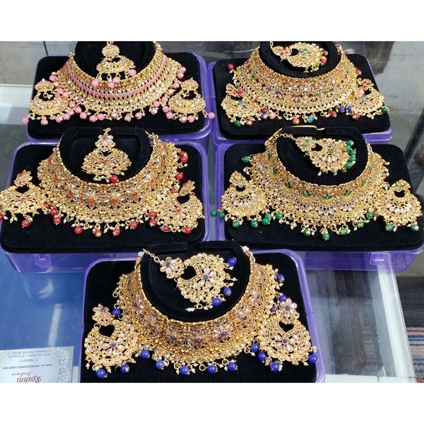 Kumavat Jewels Austrian Stone Gold Plated Choker Necklace Set With Maangtikka