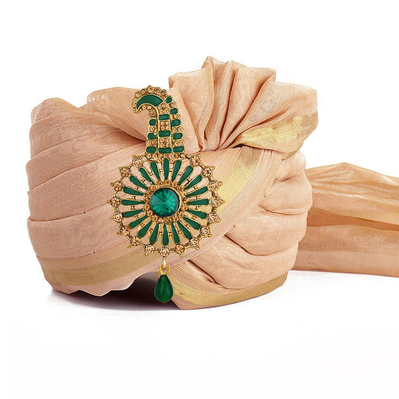 Mahi Meekari Work Green and Brown Crystals Floral Kalangi Brooch for Groom / Men (KL1001011G)