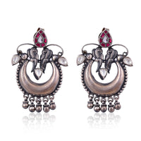 Silver Mountain Sterling Oxidised Silver  two peacock Kundan Earring