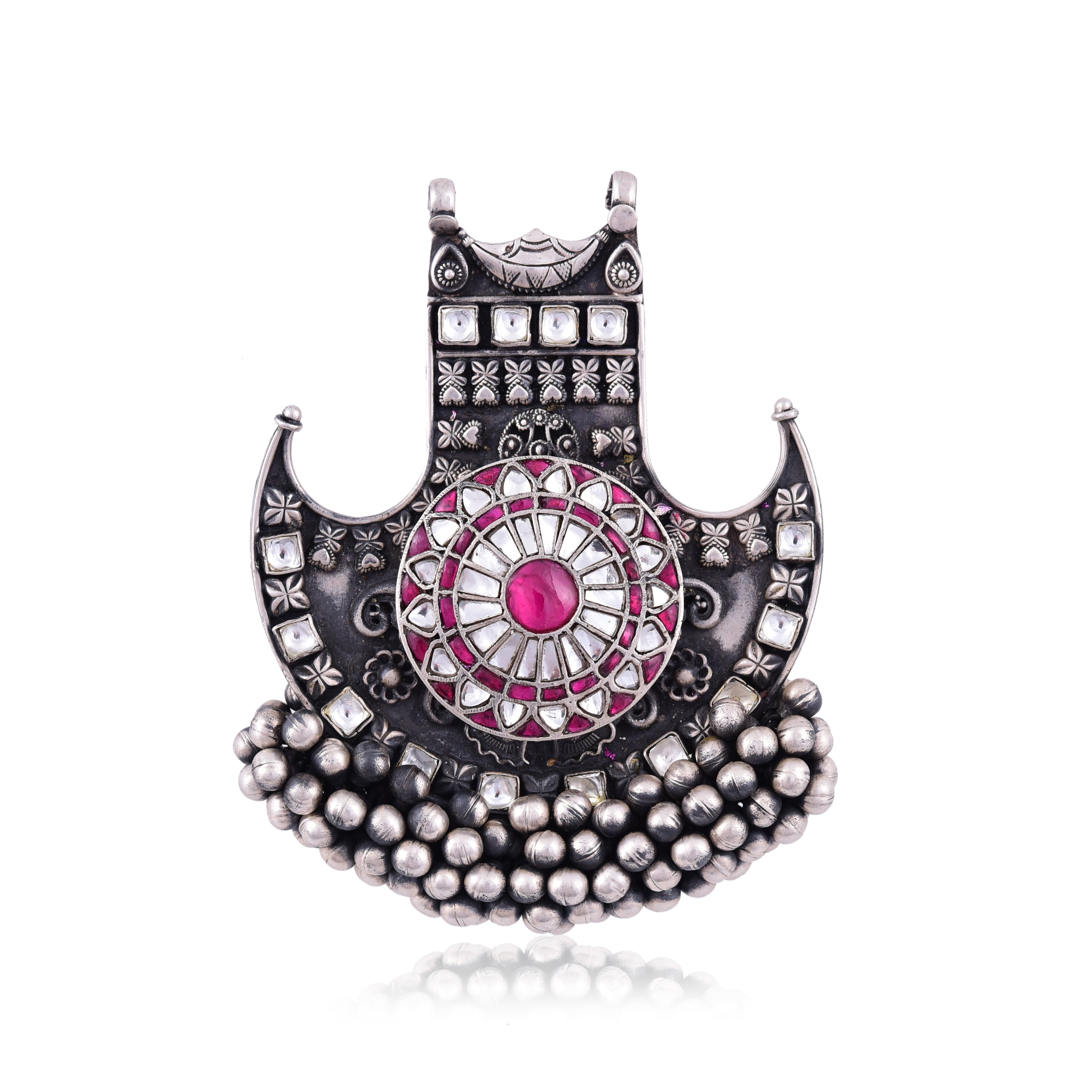 Silver Mountain 925 Silver oxidised Kundan Pendant