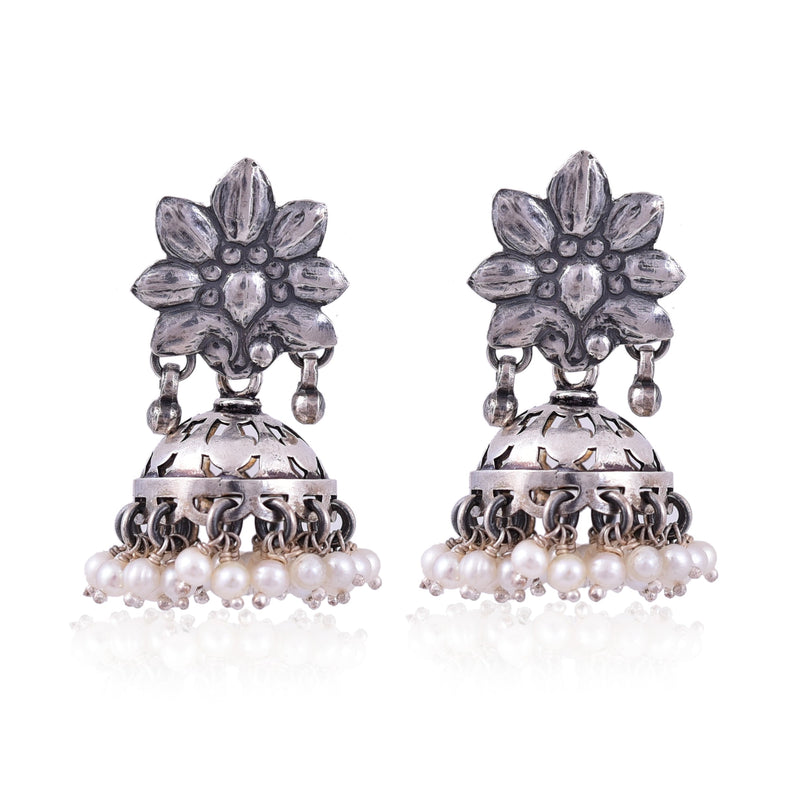 Silver Mountain Sterling Silver jali cut pearl jhumka earring