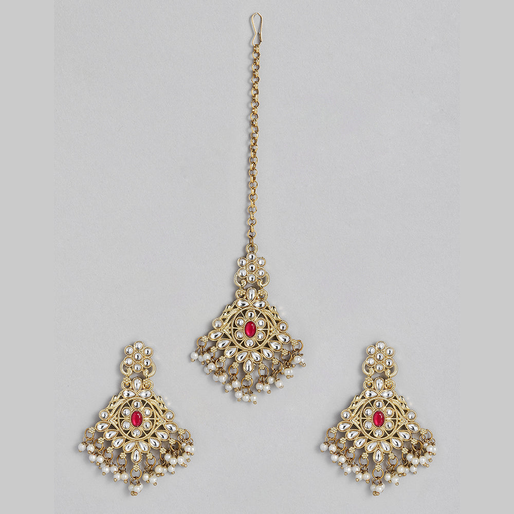 Kord Store Attractive Gold plated Kundan Earrings With Maang tikka For Girls and Women