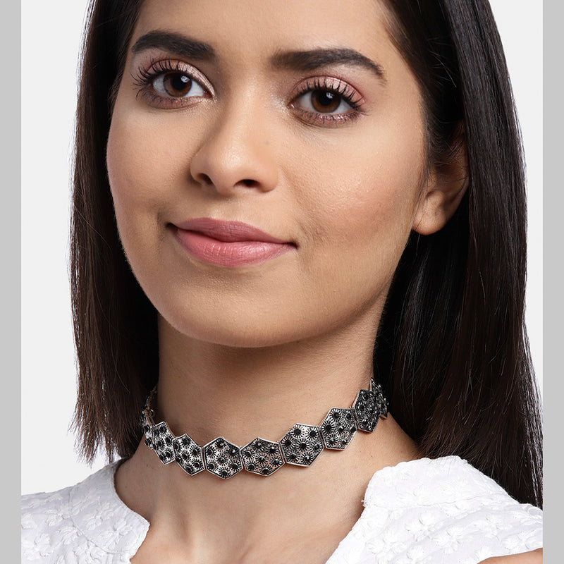 Bhavi Jewels Designer Oxidised Plated Black Stone Collar Necklace For Girls and Women