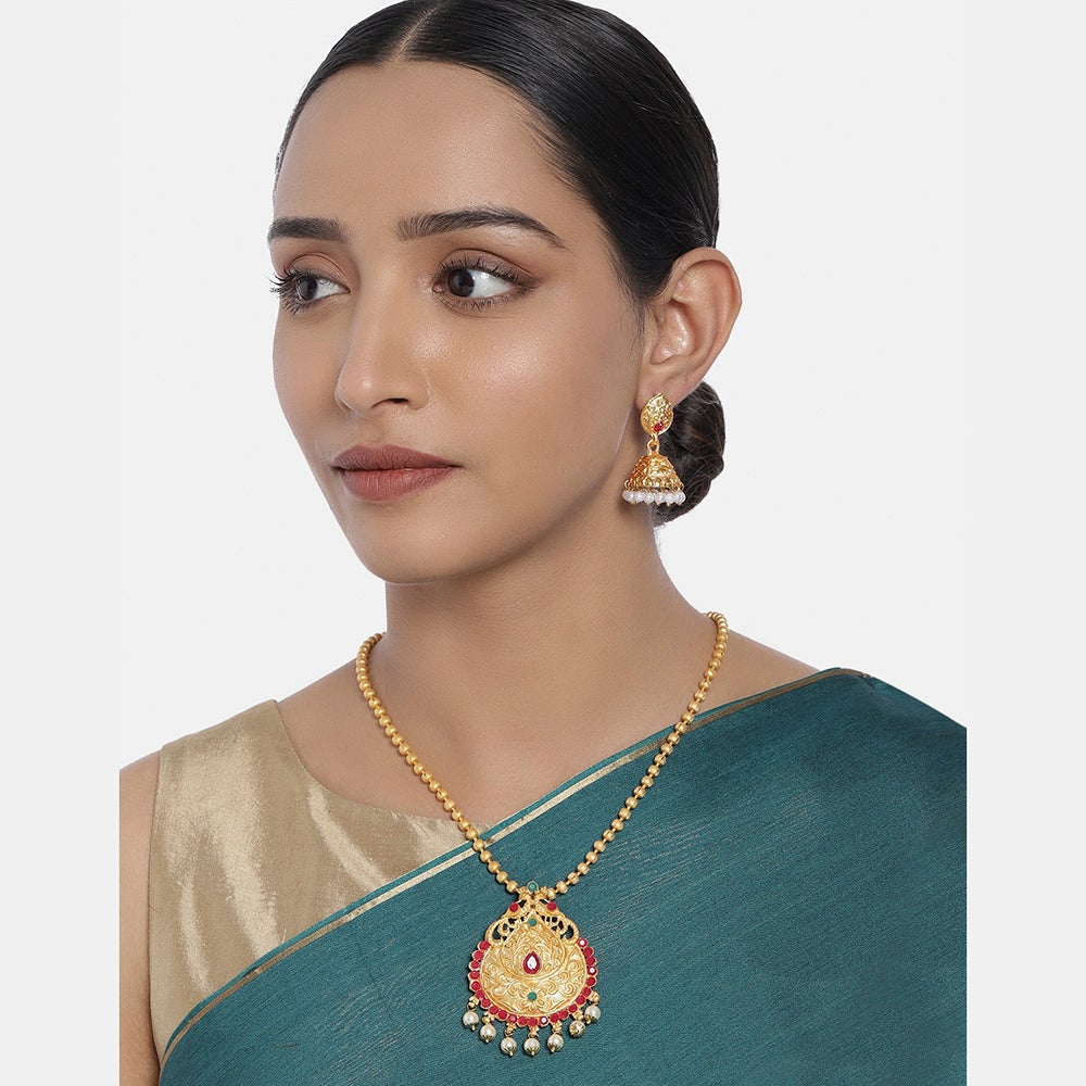 Kord Store Traditional Flower Peacock Ball Chain Gold Plated Matinee Necklace Set For Women  - KSNKE60007