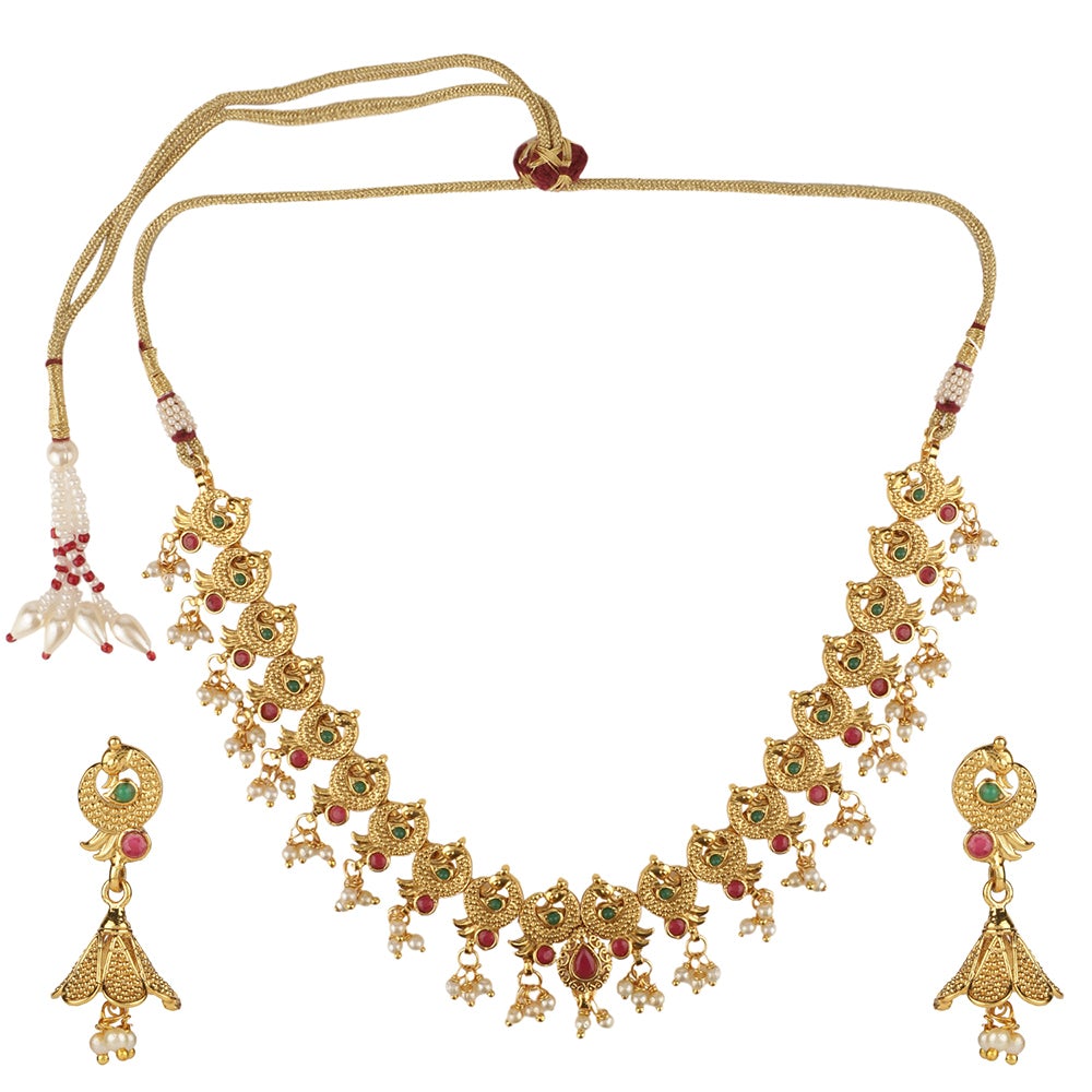 Kord Store Traditional Peacock Multi-Color Stone Gold Plated Matinee Necklace Set For Women  - KSNKE60061