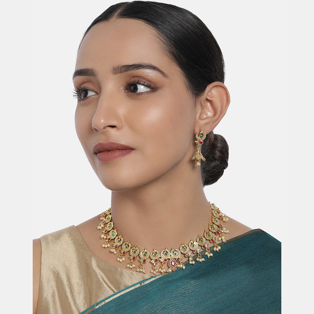 Kord Store Traditional Peacock Multi-Color Stone Gold Plated Matinee Necklace Set For Women  - KSNKE60061