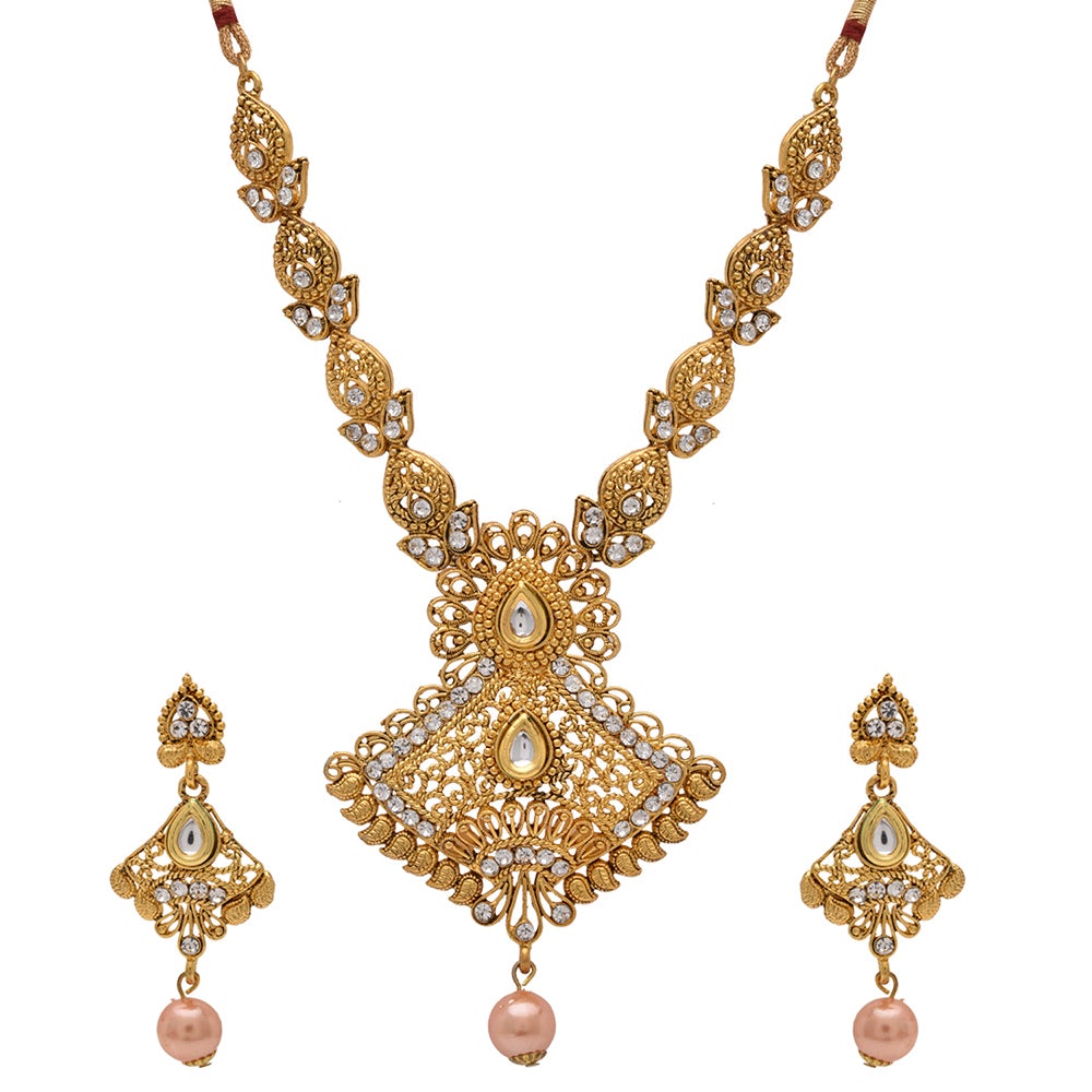 Kord Store Traditional Filigree & Paisley Design Gold Plated Princess Necklace Set For Women  - KSNKE60080