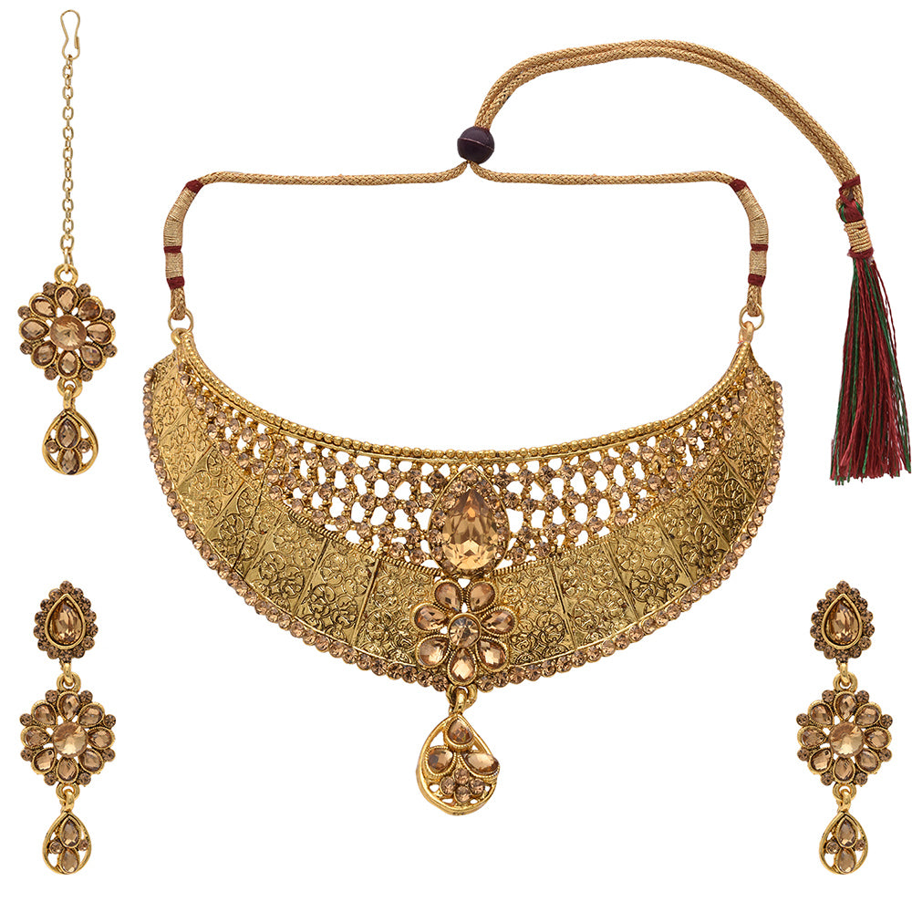 Kord Store Traditional Designer Flower Shape Lct Stone Gold Plated Choker Necklace Set For Women  - KSNKE60113