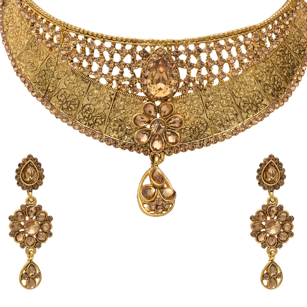 Kord Store Traditional Designer Flower Shape Lct Stone Gold Plated Choker Necklace Set For Women  - KSNKE60113
