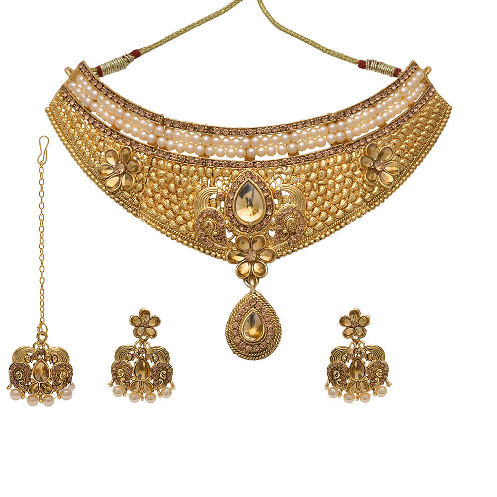 Kord Store Rajwadi Look Designer Flower Shape Pearl Gold Plated Choker Necklace Set For Women  - KSNKE60123