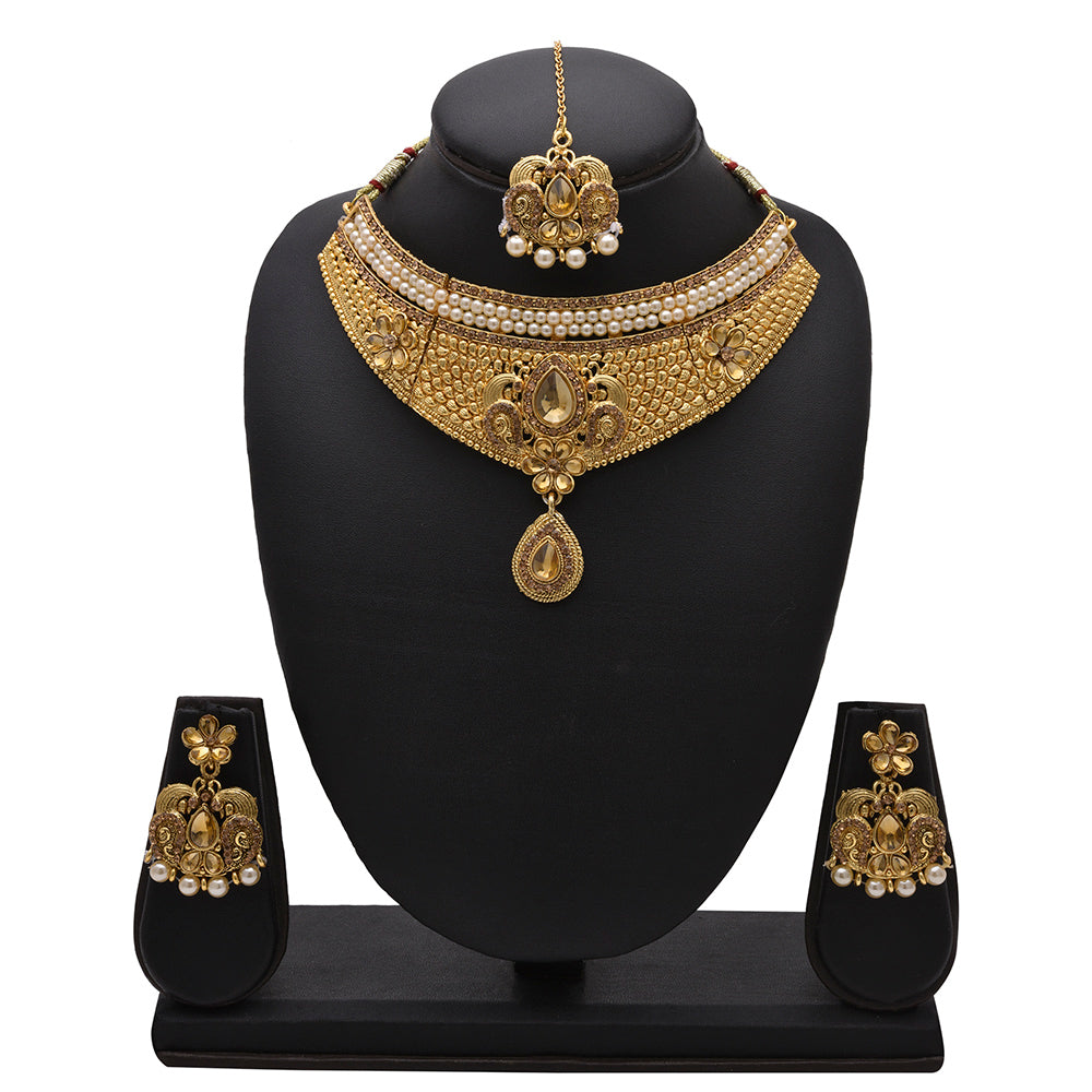 Kord Store Rajwadi Look Designer Flower Shape Pearl Gold Plated Choker Necklace Set For Women  - KSNKE60123