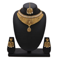 Kord Store Rajwadi Look Designer Flower Shape Pearl Gold Plated Choker Necklace Set For Women  - KSNKE60123