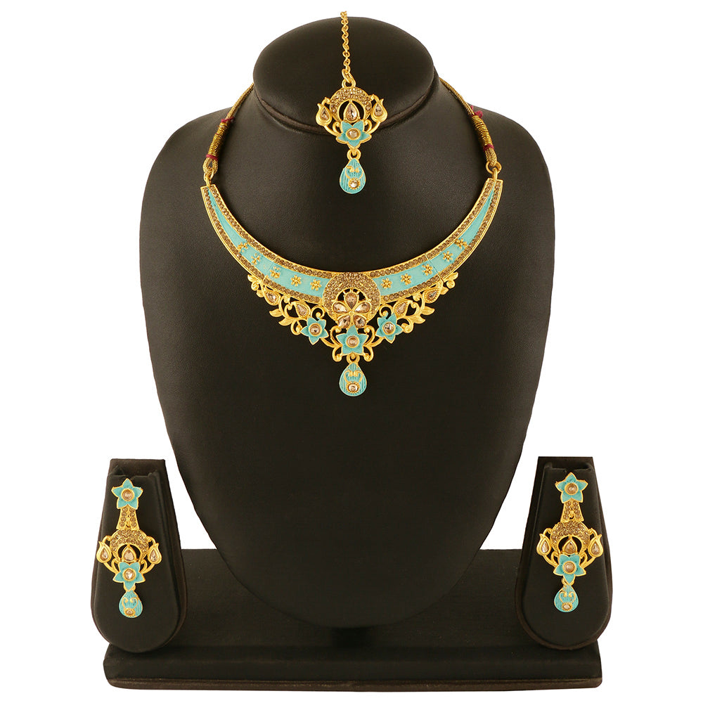 Kord Store Rajwadi Look Flower Shape Lct Stone Meenakari Choker Necklace Set For Women  - KSNKE60148