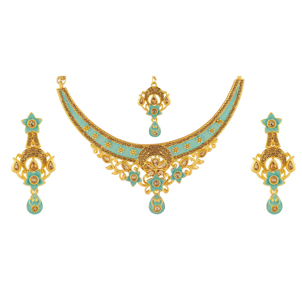 Kord Store Rajwadi Look Flower Shape Lct Stone Meenakari Choker Necklace Set For Women  - KSNKE60148