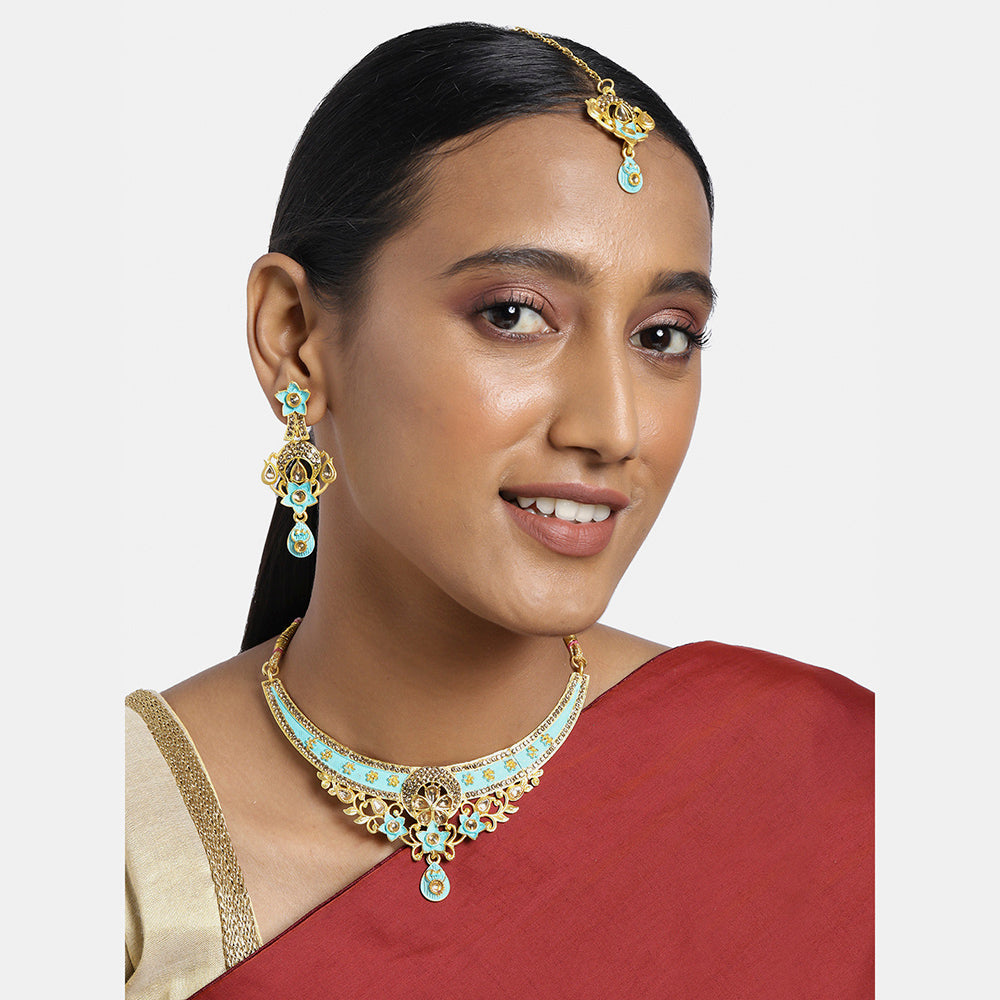 Kord Store Rajwadi Look Flower Shape Lct Stone Meenakari Choker Necklace Set For Women  - KSNKE60148