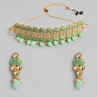 Kord Store Traditionally Gold Plated Mint Green Raajwada Look Collar Necklace Set For Girls and Women  - KSNKE60229