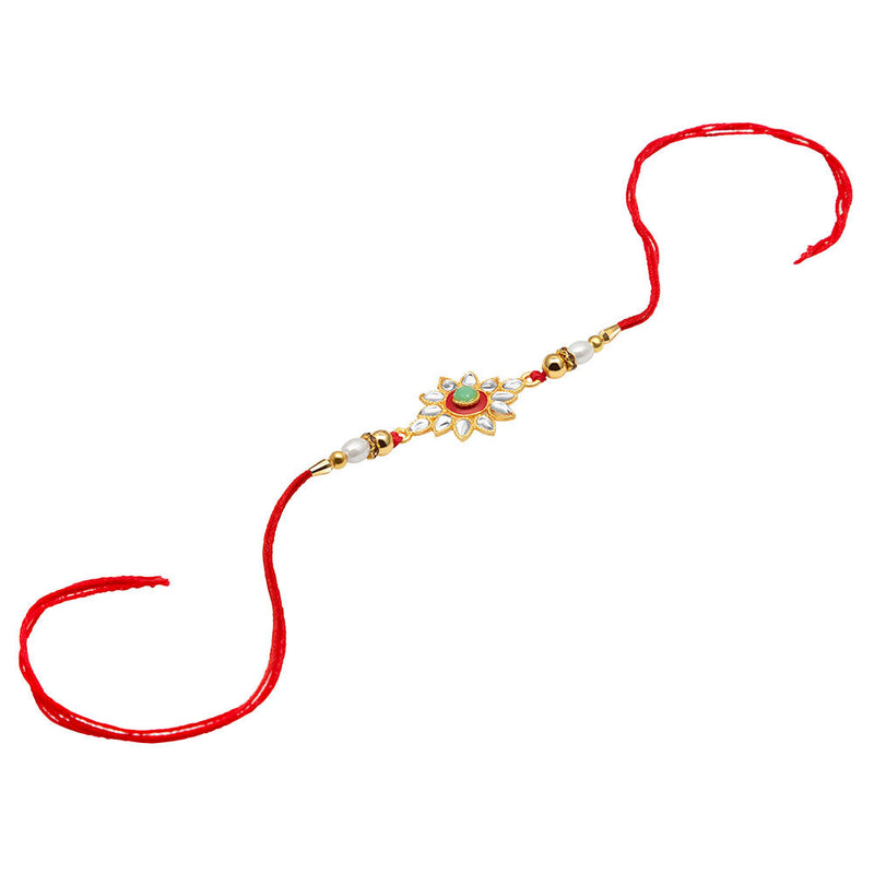 Kord Store Round Shape Multi-Color Stone & Pearl Gold Plated Rakhi For Brother