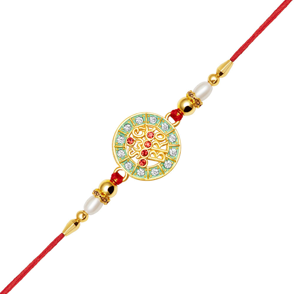 Kord Store Round Shape"BRO" Multi-Color Stone & Pearl Gold Plated Rakhi For Brother