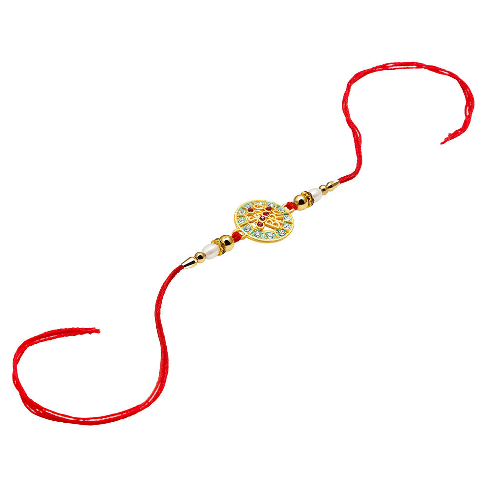 Kord Store Round Shape"BRO" Multi-Color Stone & Pearl Gold Plated Rakhi For Brother