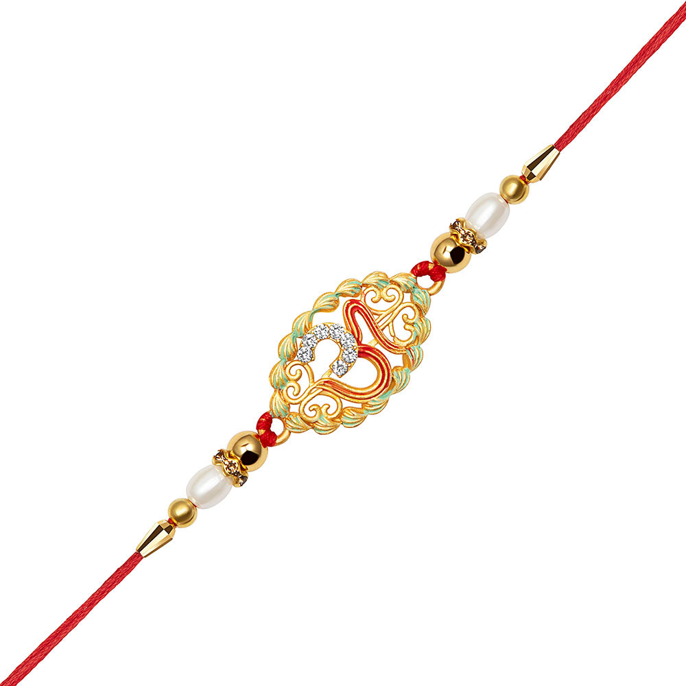 Kord Store "OM" Design Multi-Color Stone & Pearl Gold Plated Rakhi For Brother