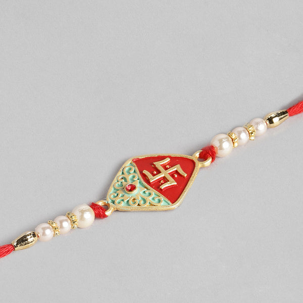 Kord Store Swastik Mark Mint Green And Ruby Minakari Thread Moti Gold Finish Rakhi Set Of 1 For Brother