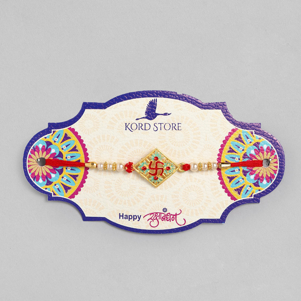 Kord Store Swastik Mark Mint Green And Ruby Minakari Thread Moti Gold Finish Rakhi Set Of 1 For Your Lovely Brother