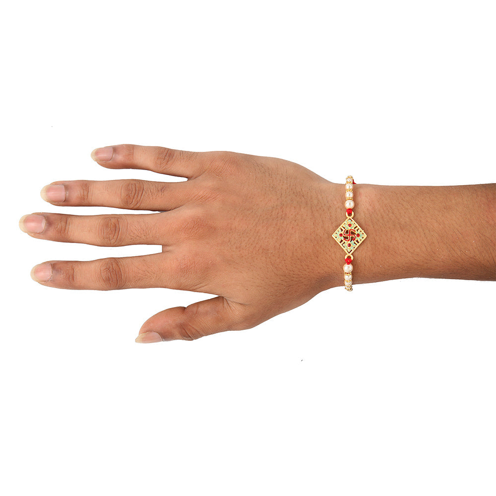 Kord Store Swastik Mark Mint Green And Ruby Minakari Thread Moti Gold Finish Rakhi Set Of 1 For Your Lovely Brother