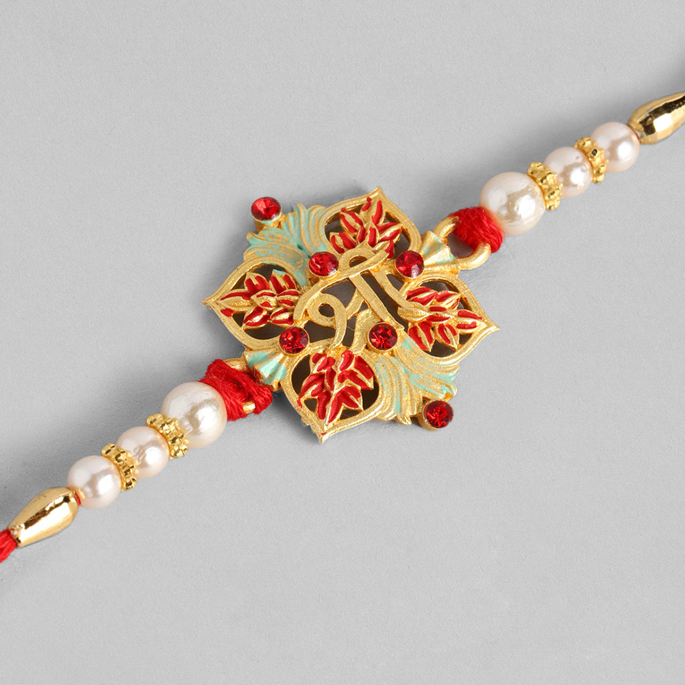 Kord Store Flower Design Mint Mina Ruby Stone Thread Moti Gold Finish Rakhi Set Of 1 For Brother