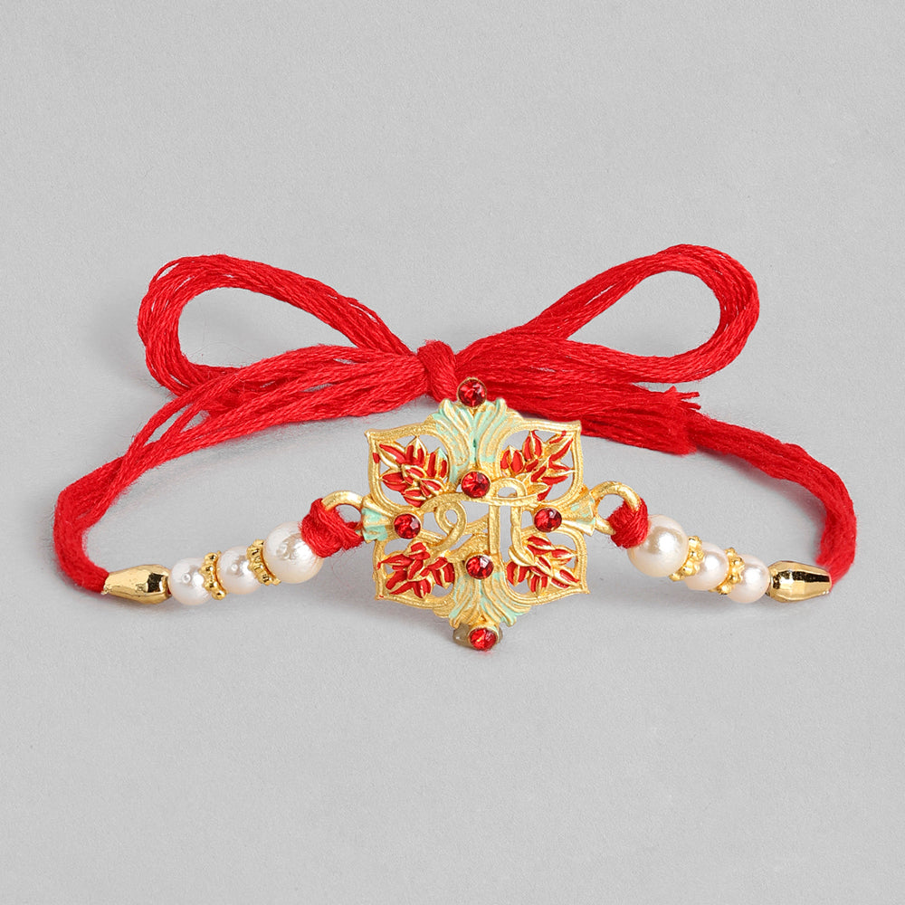 Kord Store Flower Design Mint Mina Ruby Stone Thread Moti Gold Finish Rakhi Set Of 1 For Brother