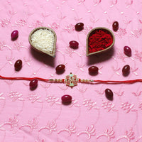 Kord Store Flower Design Mint Mina Ruby Stone Thread Moti Gold Finish Rakhi Set Of 1 For Brother