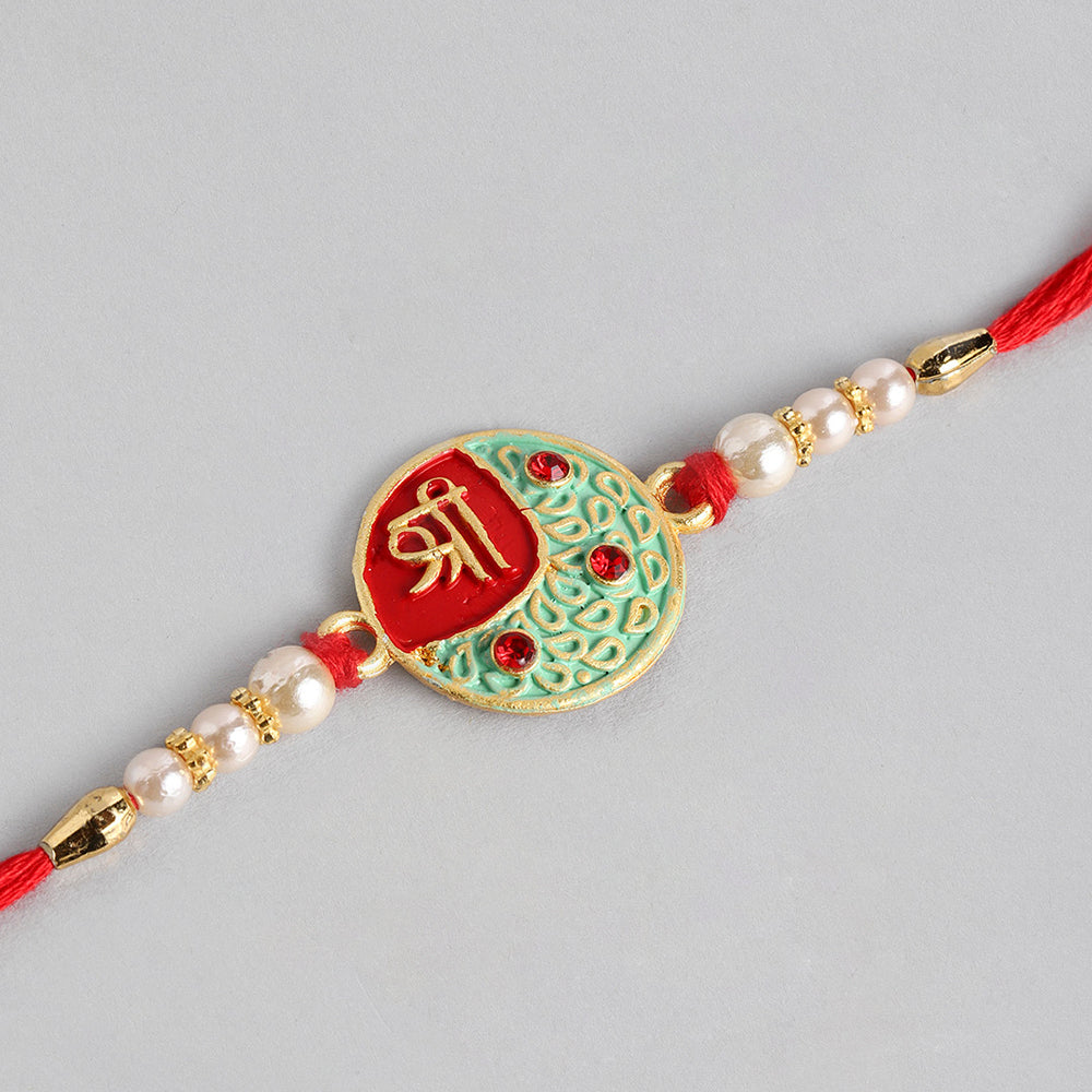 Kord Store 'Shree' Mark Mint Mina Ruby Stone Thread Moti Gold Finish Rakhi Set Of 1 For Brother