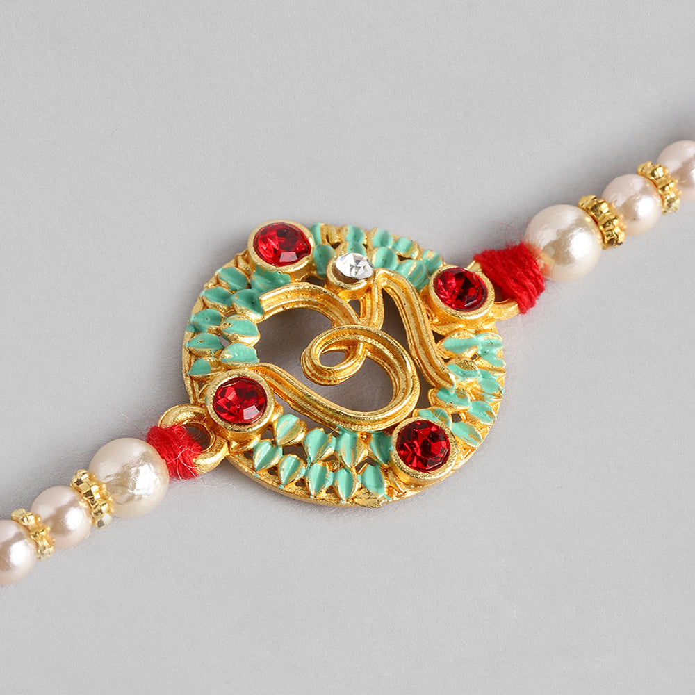 Kord Store 'Om' Design Mint Mina Ruby Stone Thread Moti Gold Finish Rakhi Set Of 1 For Brother