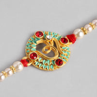 Kord Store 'Om' Design Mint Mina Ruby Stone Thread Moti Gold Finish Rakhi Set Of 1 For Brother