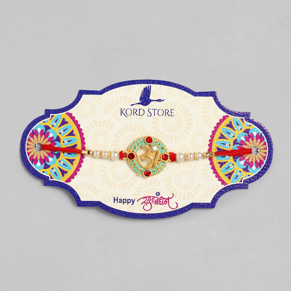 Kord Store 'Om' Design Mint Mina Ruby Stone Thread Moti Gold Finish Rakhi Set Of 1 For Brother
