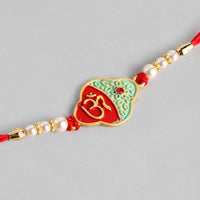 Kord Store 'Om' Design Mint Mina Ruby Stone Thread Moti Gold Finish  Set Of 1 Rakhi For Brother