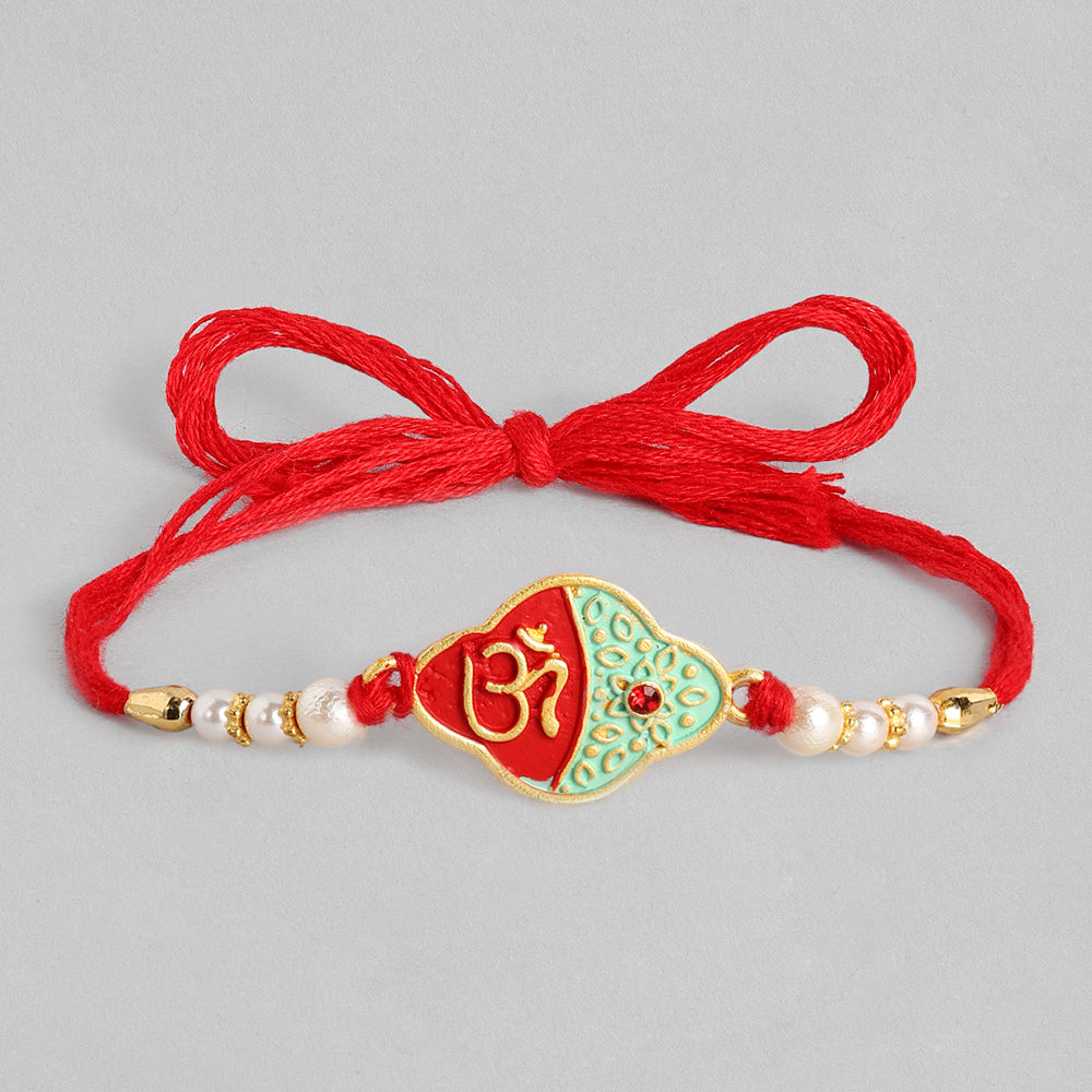 Kord Store 'Om' Design Mint Mina Ruby Stone Thread Moti Gold Finish  Set Of 1 Rakhi For Brother